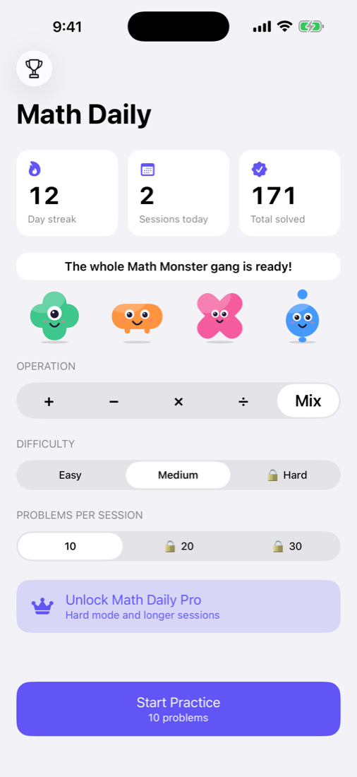 Math Daily home screen showing a 12-day streak and practice options