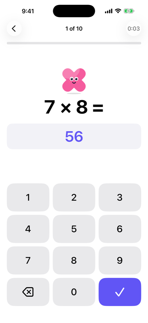 Practice screen asking 7 × 8 with the answer 56 entered